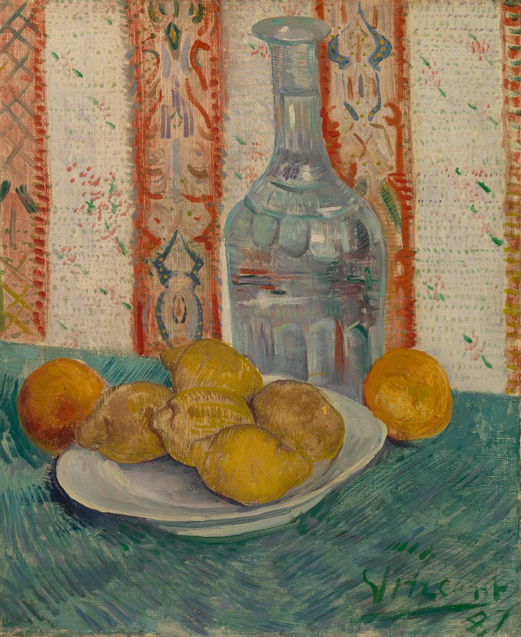 Garrafa y plato con frutas cítricas de Vincent van Gogh