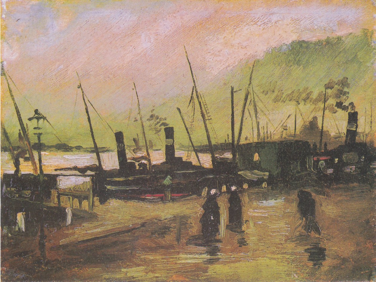 Muelle en Amberes con barcos de Vincent van Gogh
