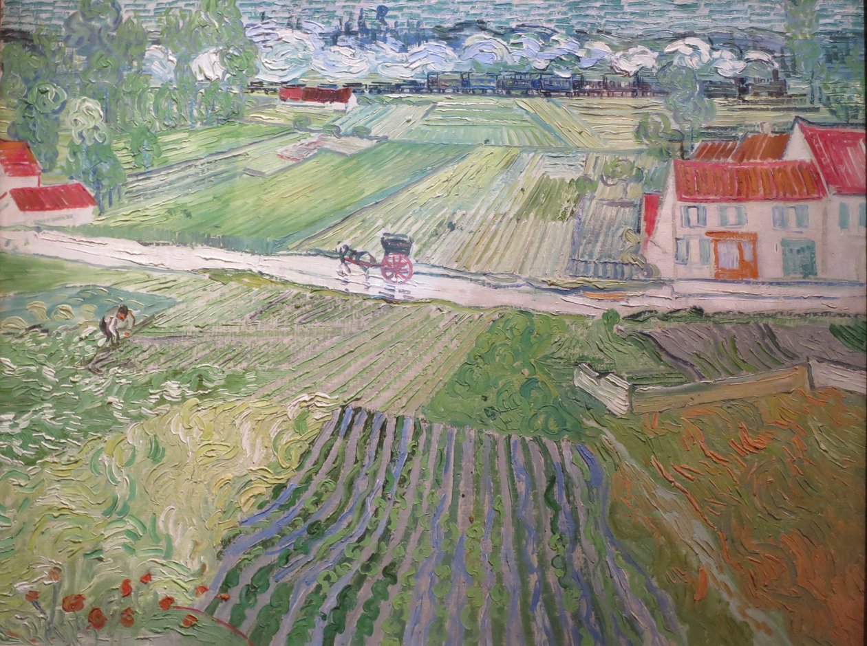 Paisaje con carruaje y trenes de Vincent van Gogh