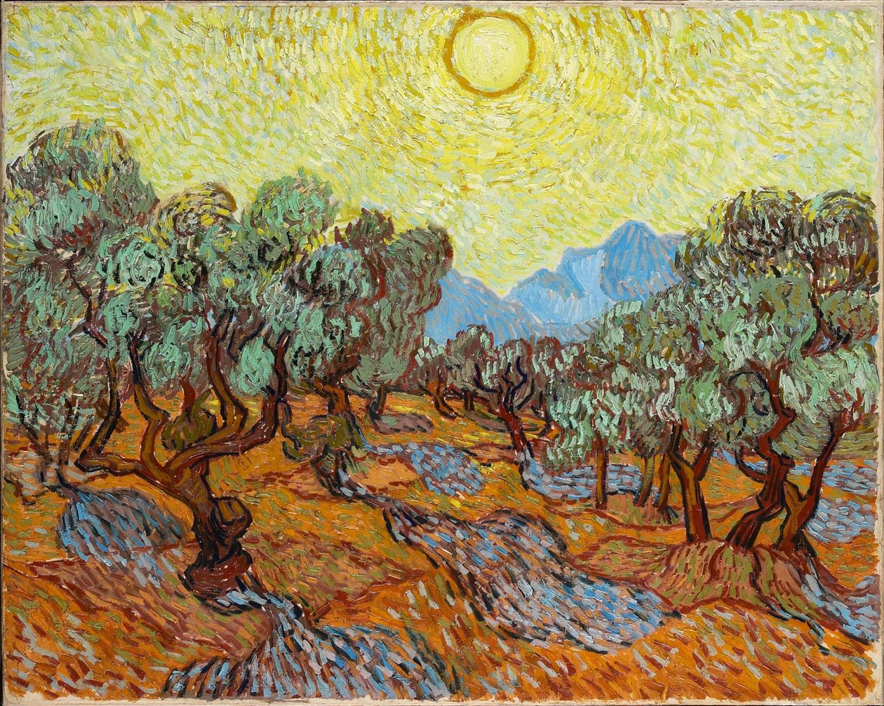 Olivos con cielo amarillo y sol de Vincent van Gogh