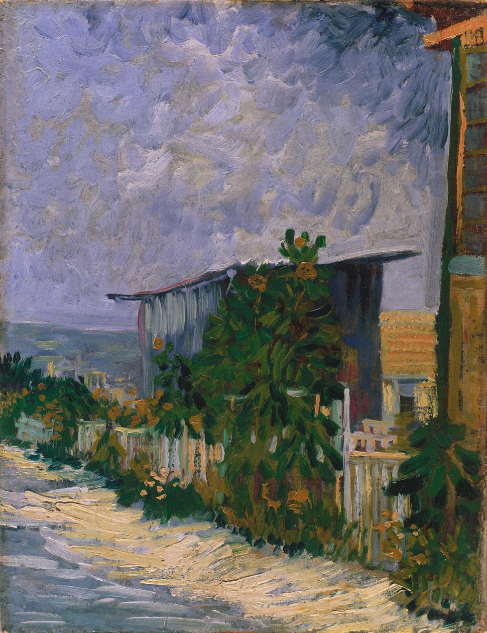 Cobertizo en Montmartre con girasol de Vincent van Gogh
