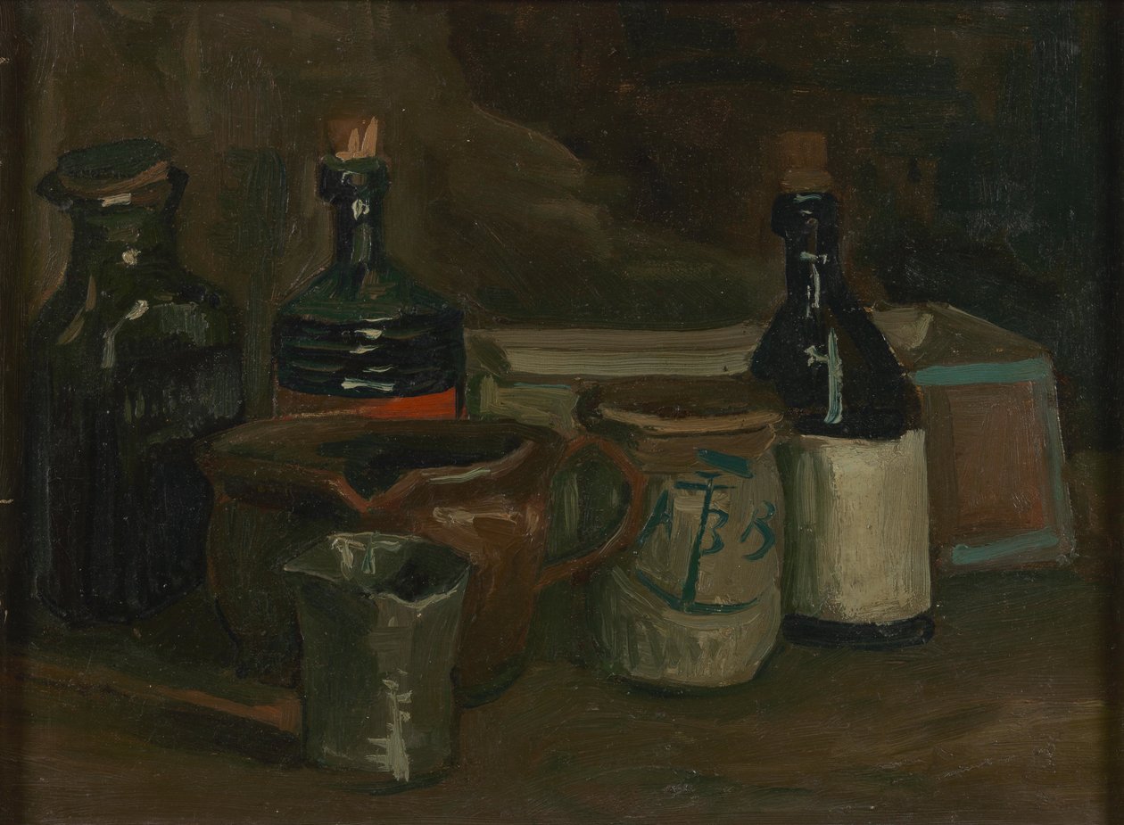 Naturaleza muerta con botellas y loza de Vincent van Gogh