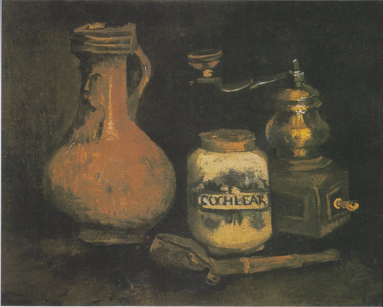 Bodegón con jarra Bartmann, molinillo de café y estuche de pipa de Vincent van Gogh