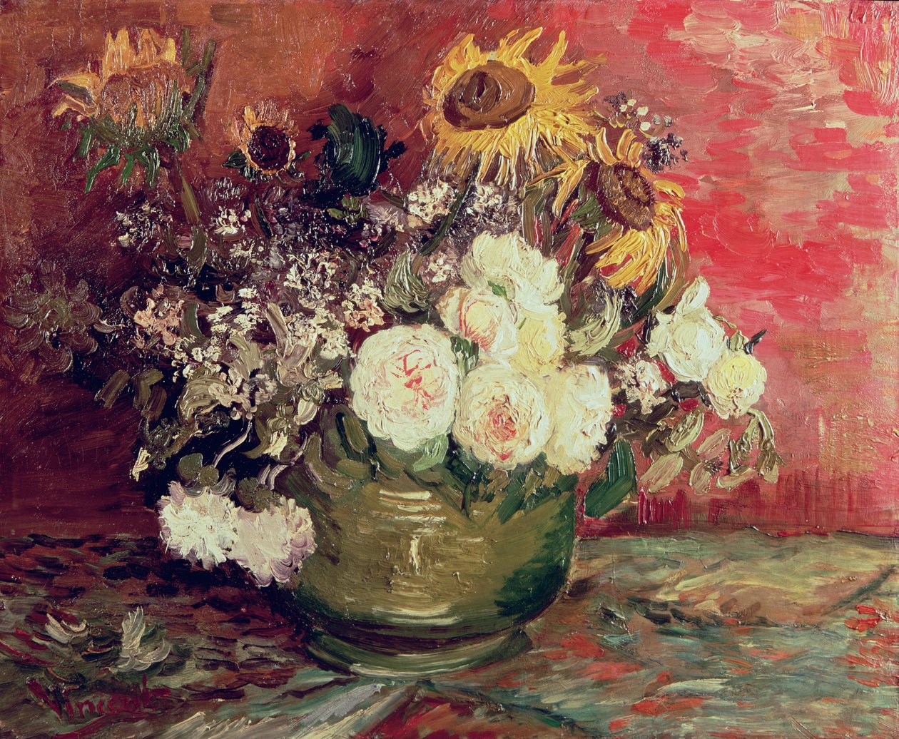 Girasoles, rosas y otras flores en un cuenco, 1886 de Vincent van Gogh