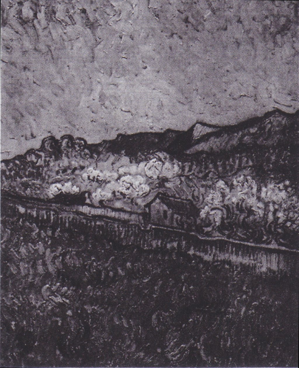 Campo cercado con vista a un paisaje montañoso de Vincent van Gogh