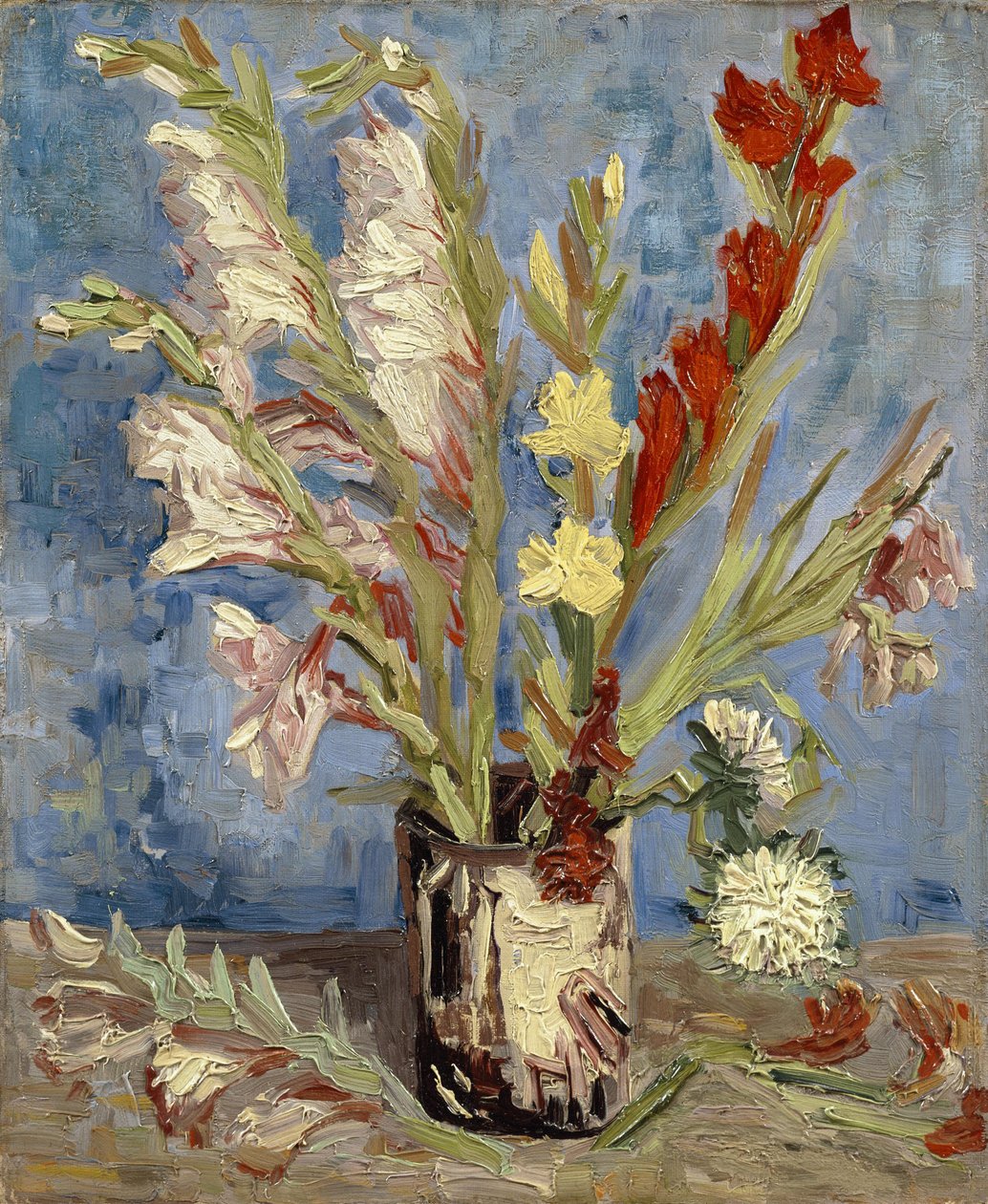 Jarrón con gladiolos de jardín y ásteres chinos de Vincent van Gogh