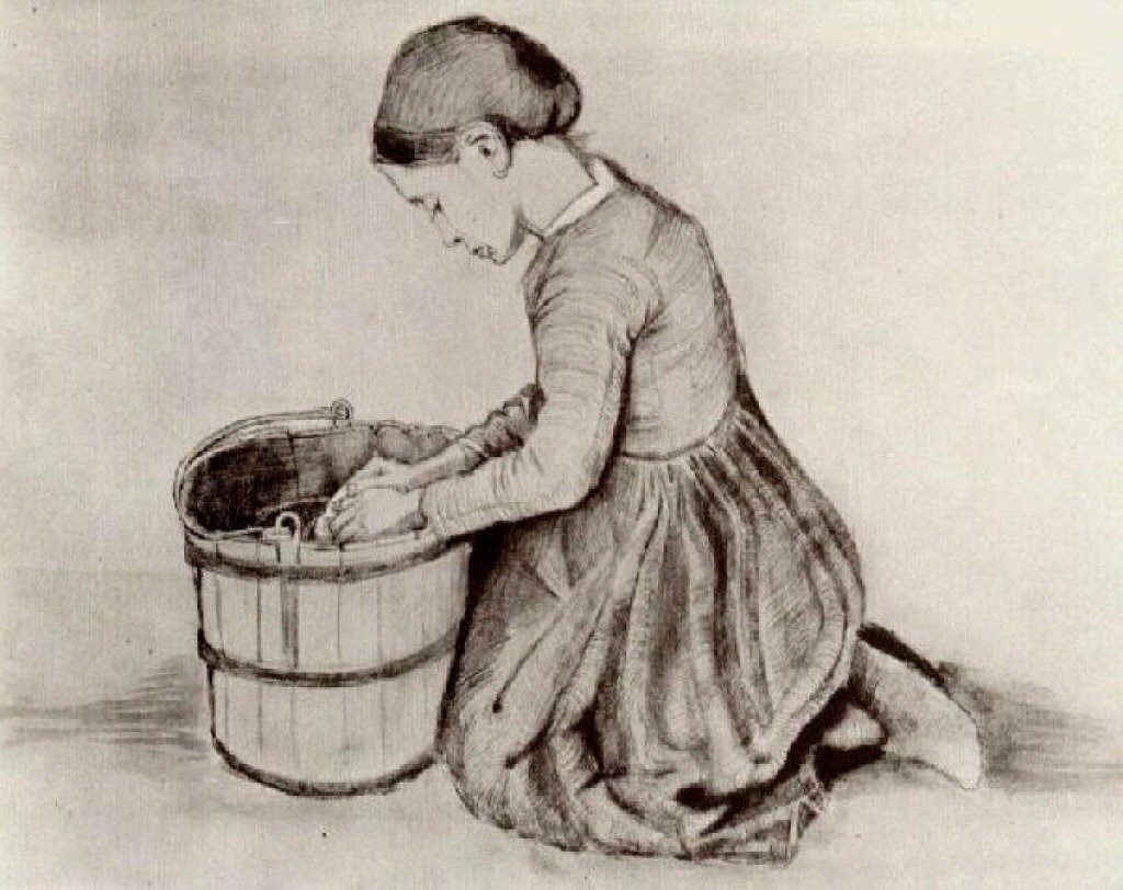 Niña arrodillada frente a un cubo de Vincent van Gogh