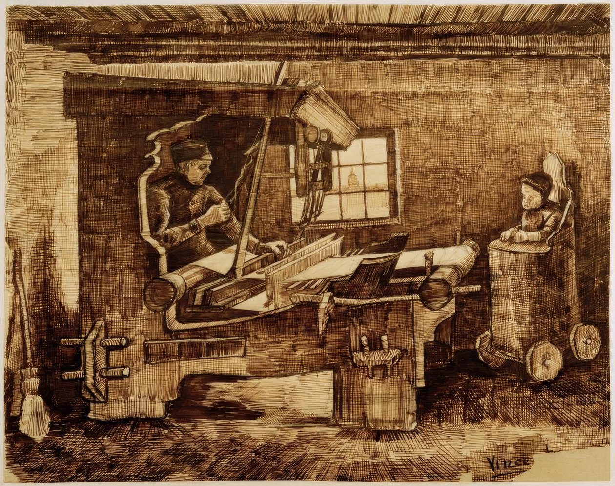 Tejedor con un niño pequeño en una silla alta de Vincent van Gogh