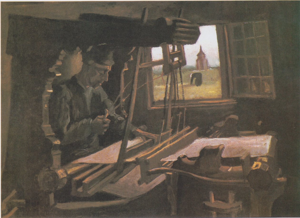 Tejedor frente a una ventana abierta con vista a la torre de Nuenen de Vincent van Gogh