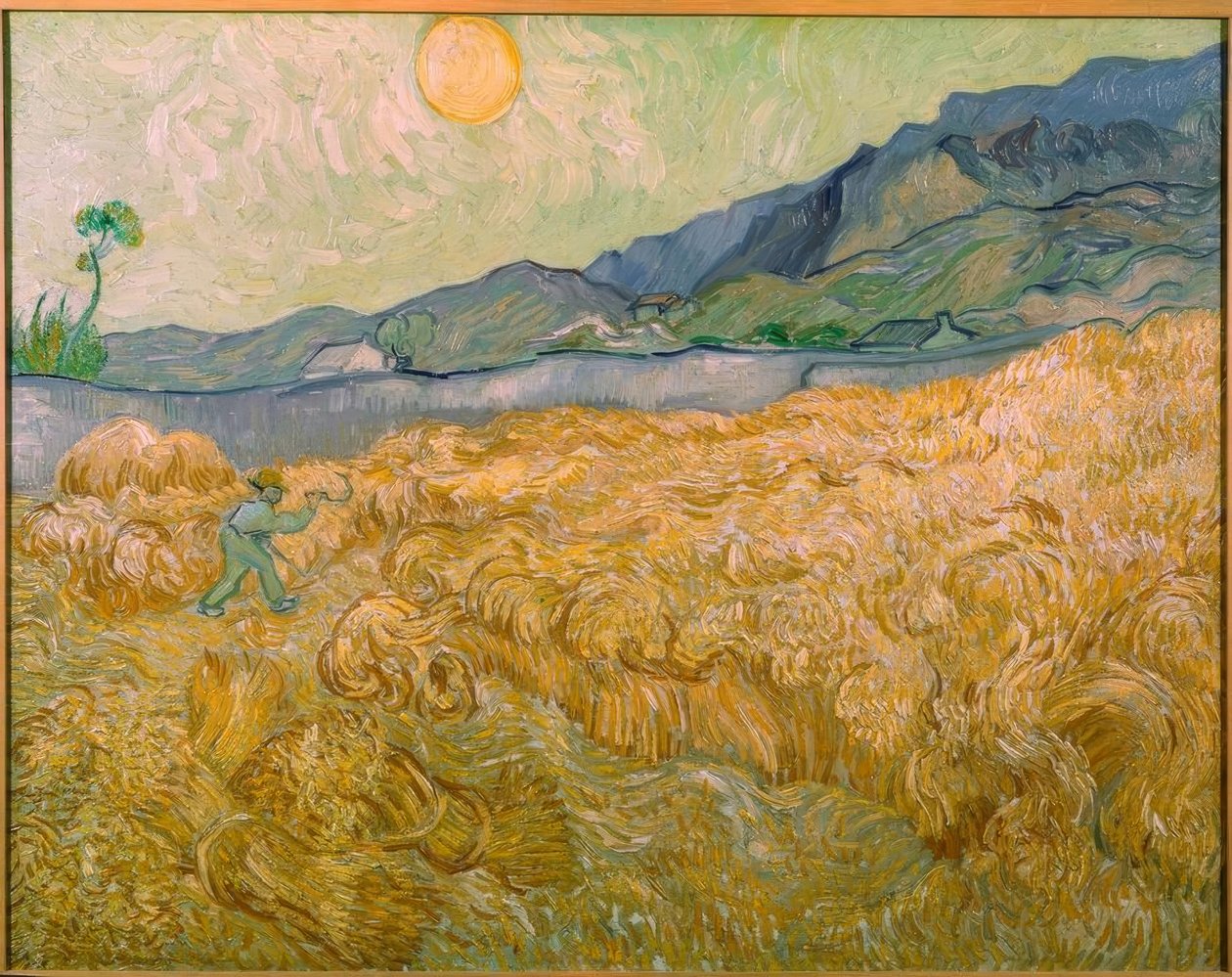 Campo de trigo con segador al amanecer de Vincent van Gogh