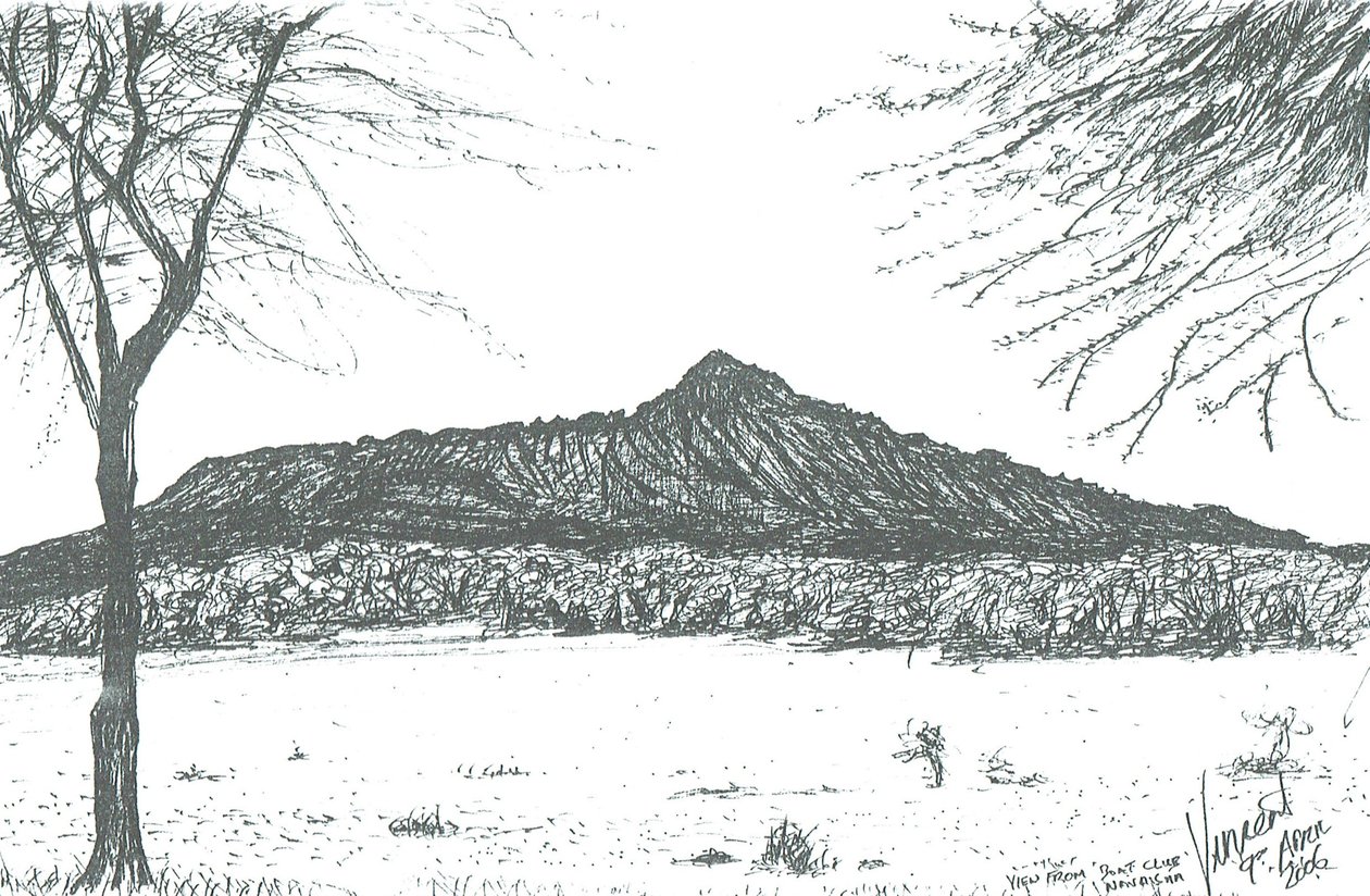 Montaña desde el club náutico en el lago Naivasha, Kenia, 2006 de Vincent Alexander Booth