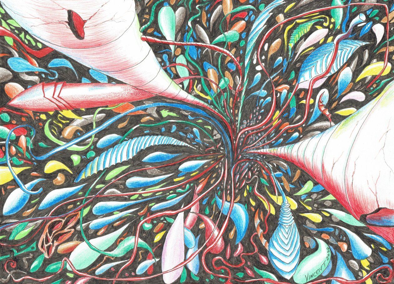 Oceans of Enceladus, 2024 (tinta y lápices sobre papel) de Vincent Alexander Booth