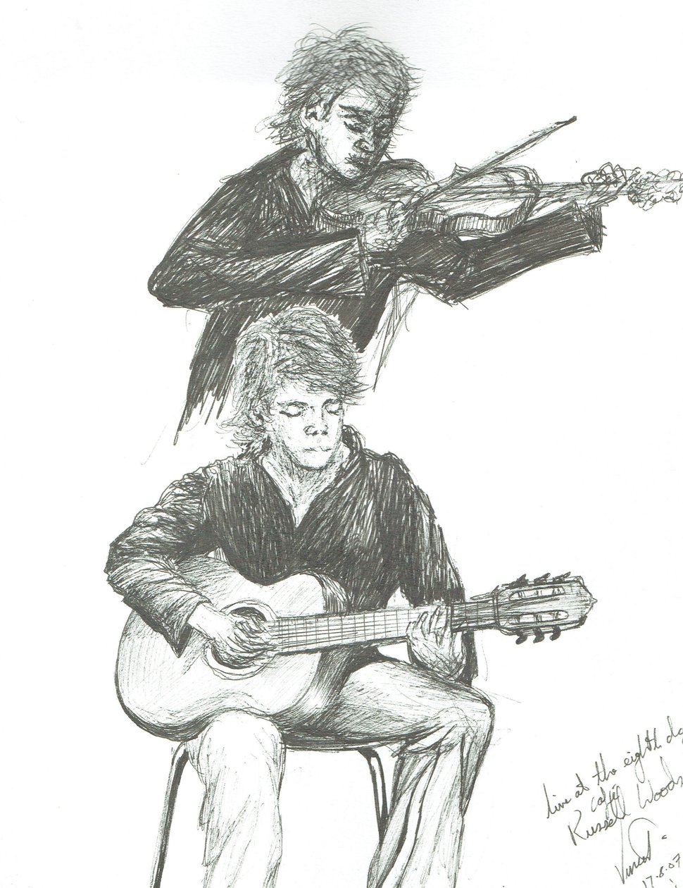 El guitarrista y violinista en el café 8th day Manchester de Vincent Alexander Booth