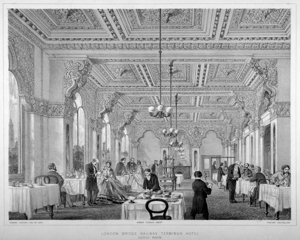 La sala de café en el Hotel Terminus de la estación de tren de London Bridge, Bermondsey, Londres, 1860 de Vincent Brooks