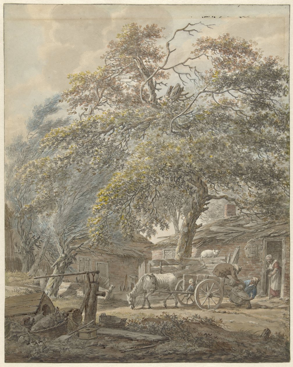 Corral con dos hombres cargando una cuna en un carro de caballos de Vincent Jansz. van der Vinne