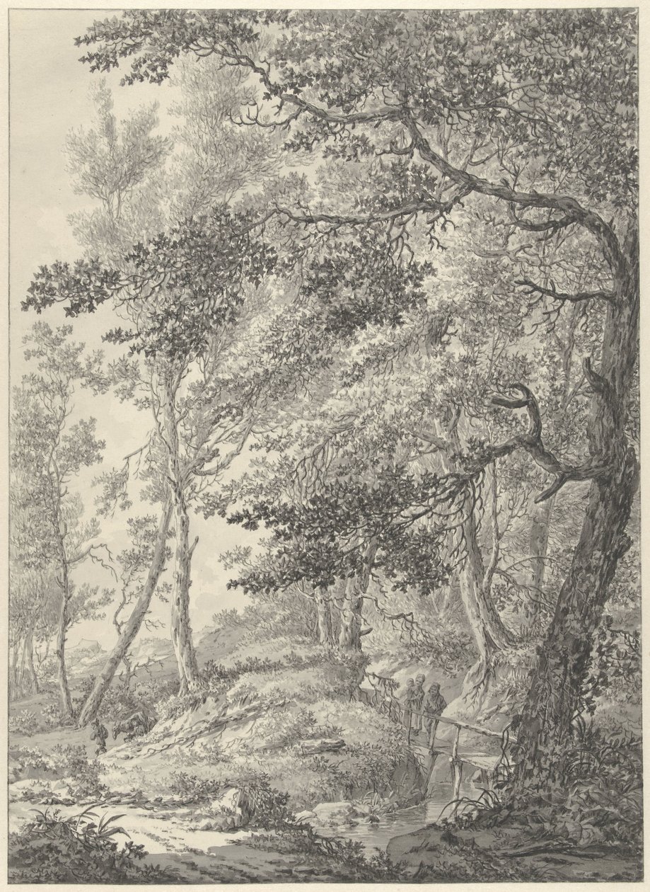 Paisaje forestal con un puente de madera y dos caminantes. de Vincent Jansz. van der Vinne