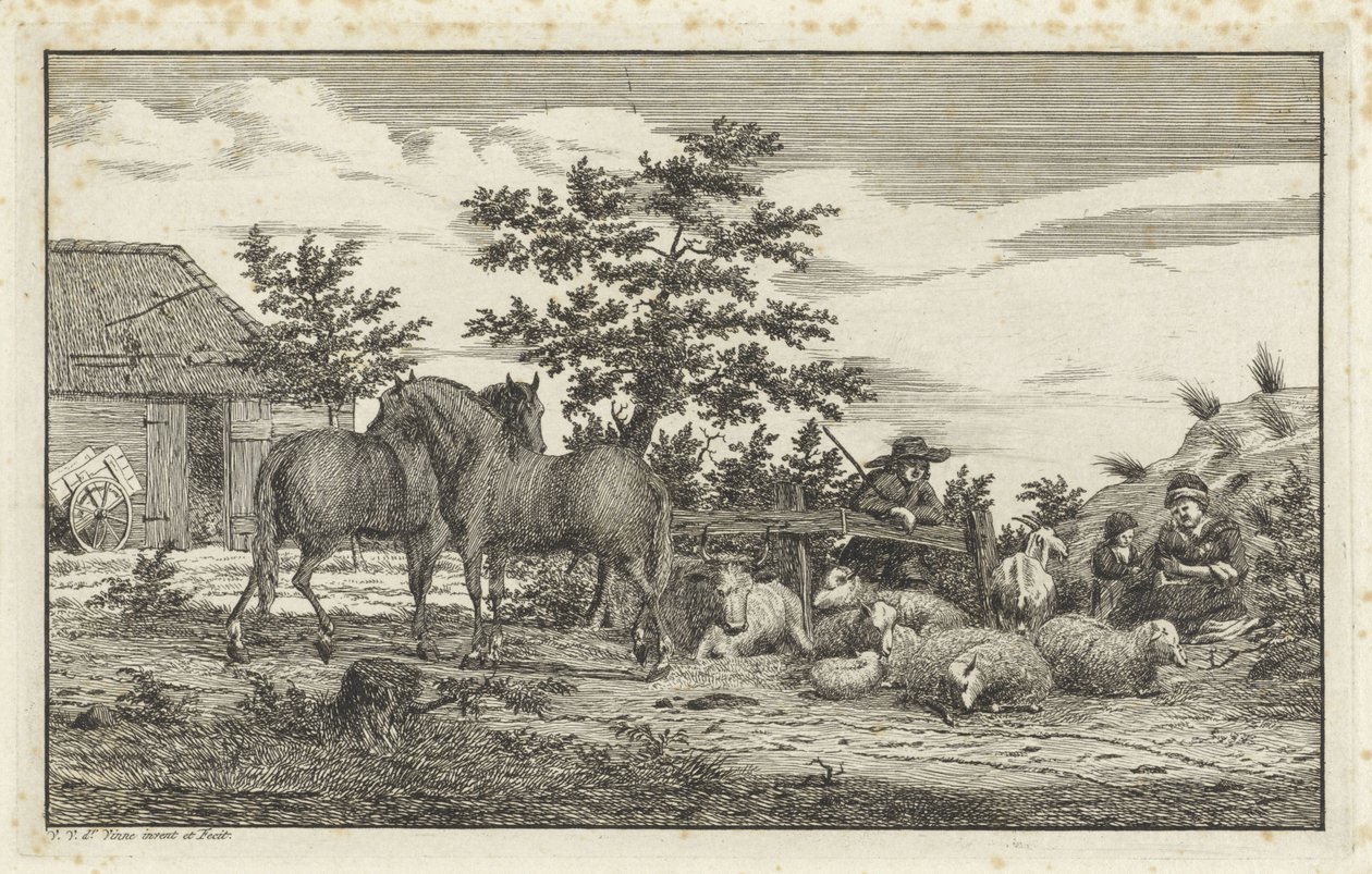 Pastor con mujer sentada y niños con ovejas y dos caballos. de Vincent Jansz. van der Vinne