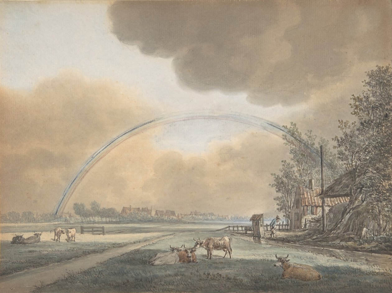 Paisaje con un arco iris sobre una granja y un pueblo distante, s.f. de Vincent Jansz. van der Vinne