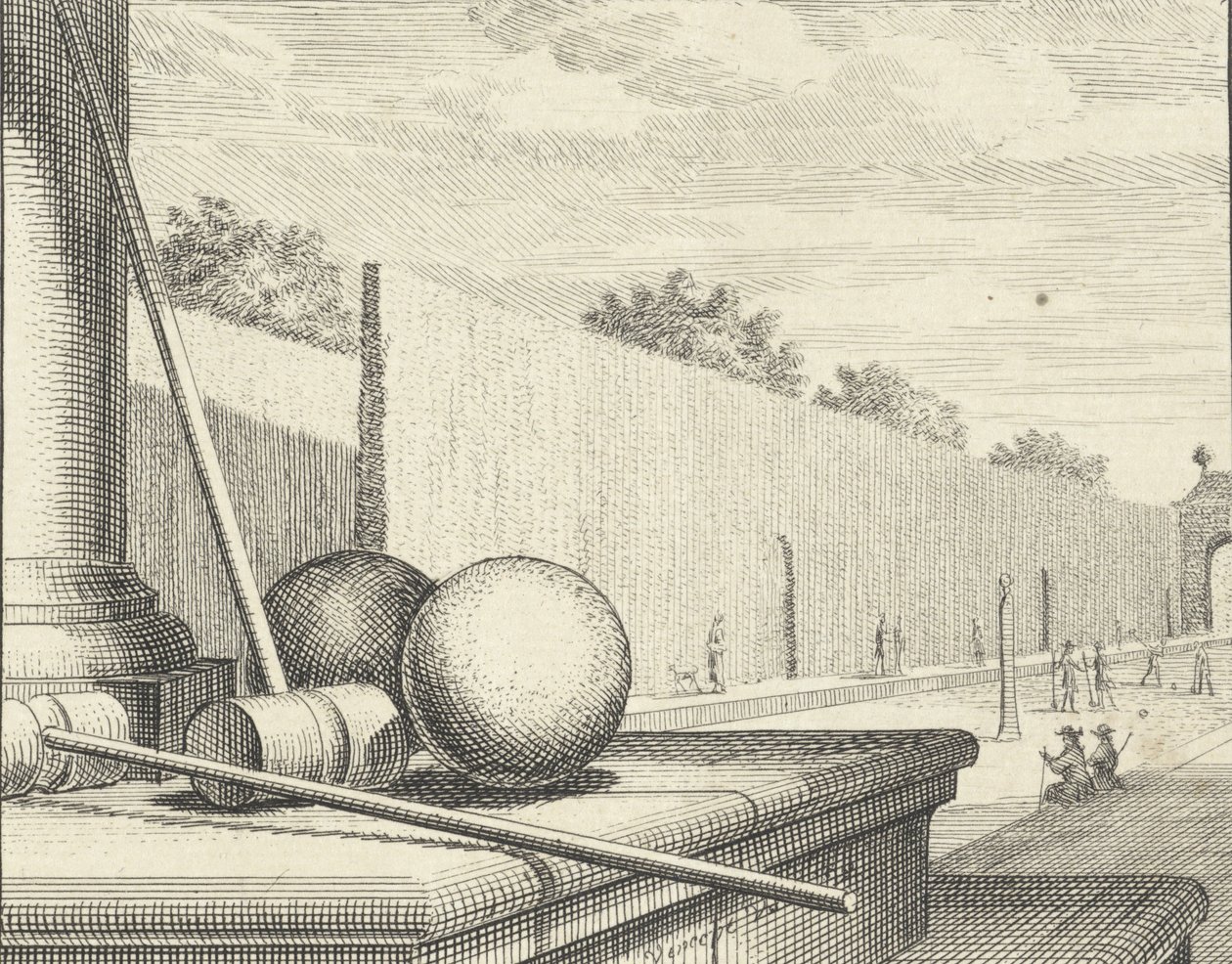Atributos de croquet con jugadores de croquet en el fondo de Vincent Laurensz Vinne van der