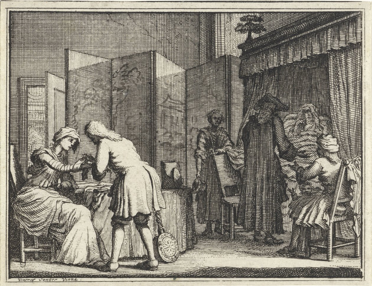 Figuras alrededor de una cama enferma y un médico que conecta a una mujer de Vincent Laurensz. van der Vinne (II)