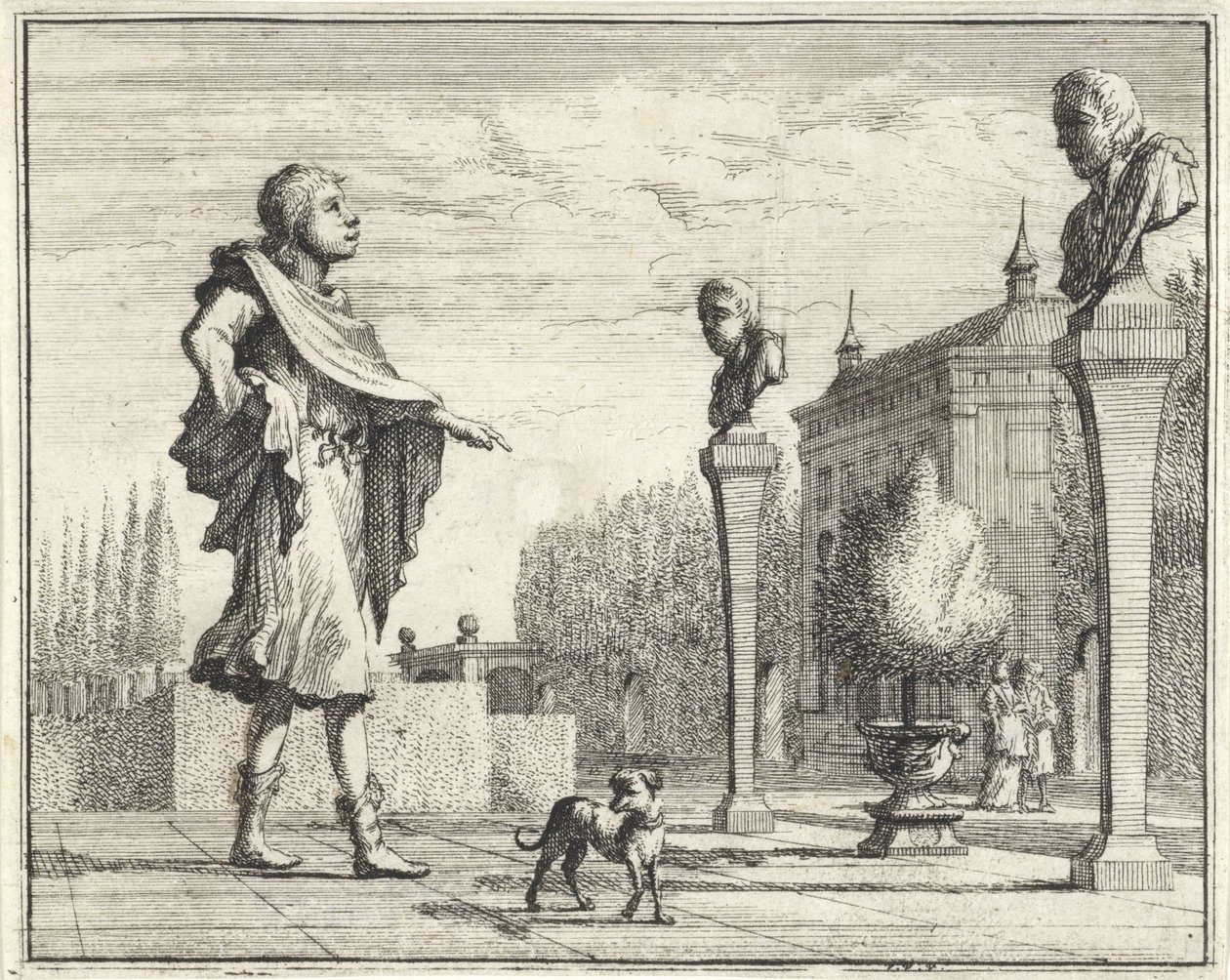 hombre, en, dos, hermen, en, jardín formal de Vincent Laurensz. van der Vinne (II)