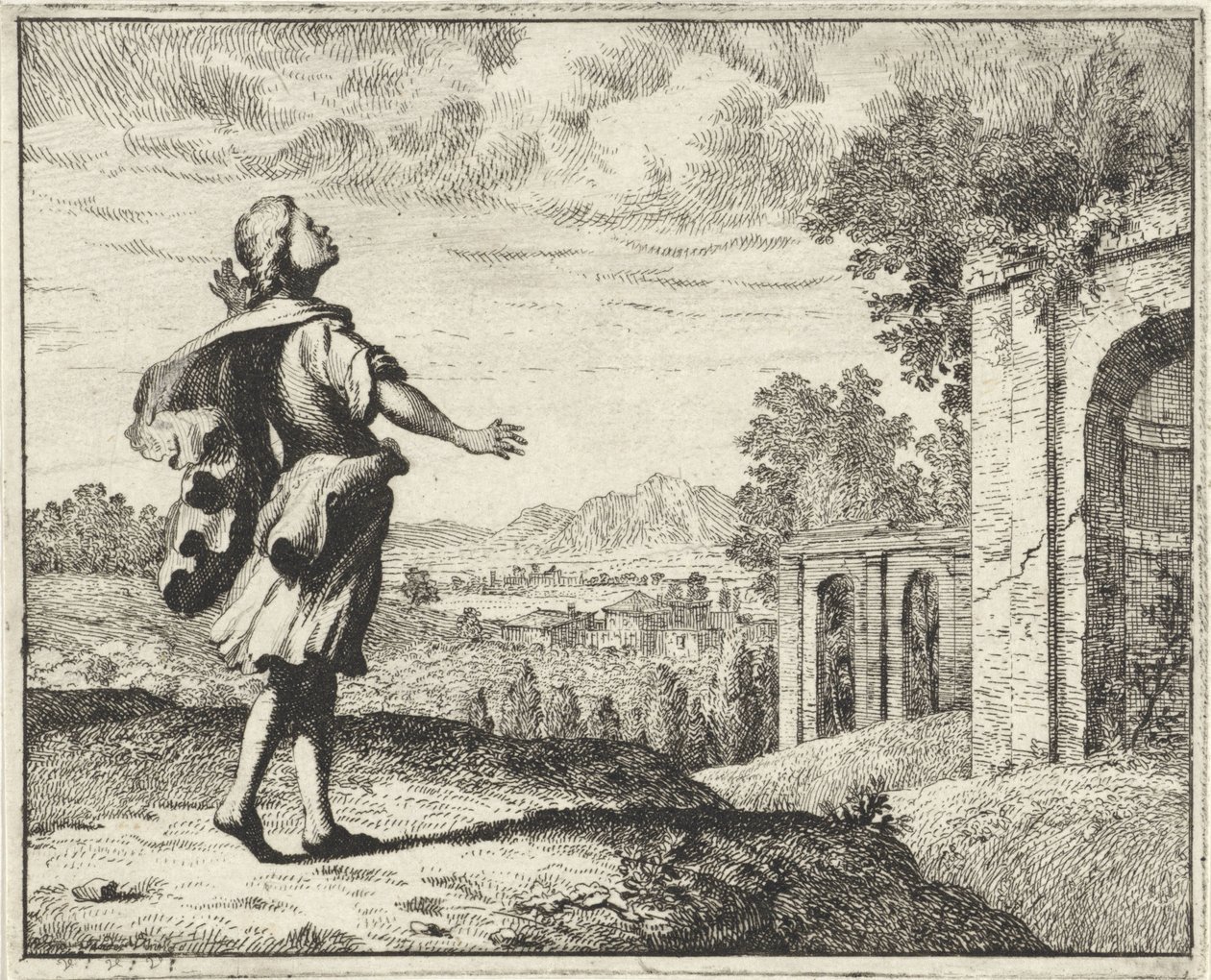 Hombre en un paisaje mirando al cielo de Vincent Laurensz. van der Vinne (II)