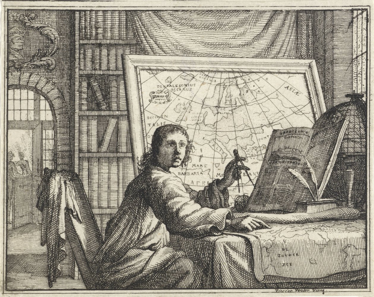 Hombre con brújula en mapas de Vincent Laurensz. van der Vinne (II)