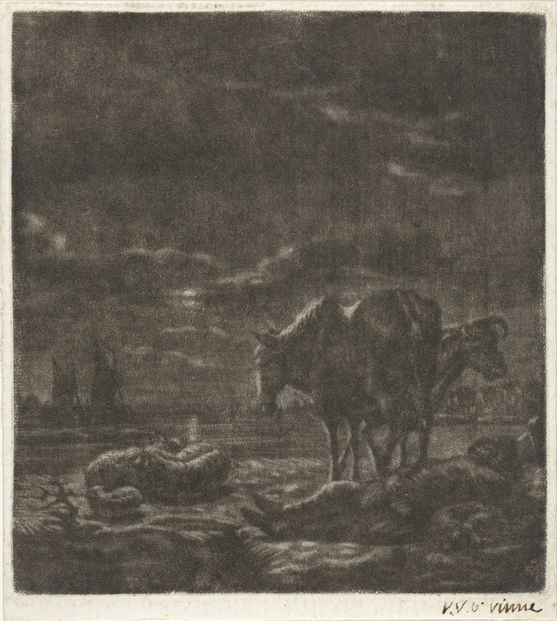 Paisaje nocturno con pastor dormido y ganado. de Vincent Laurensz. van der Vinne (II)