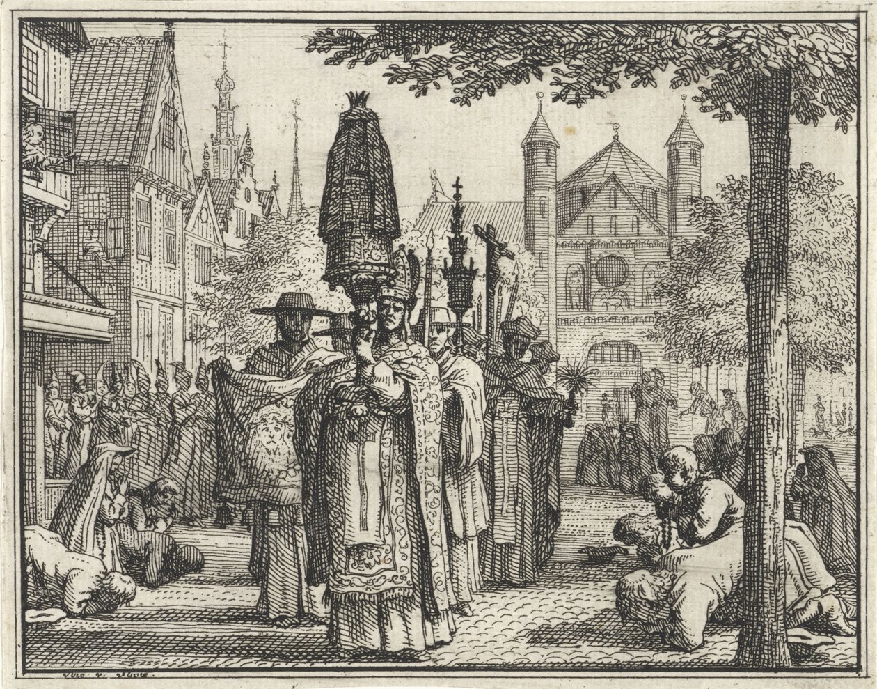 Procesión con una estatua por una calle de Vincent Laurensz. van der Vinne (II)