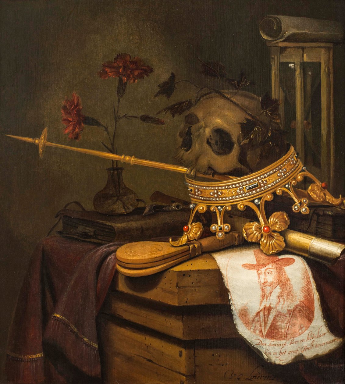 Una naturaleza muerta de vanitas con una calavera, corona, cetro, flauta, fuelle, reloj de arena, claveles en un jarrón de vidrio, pergamino, libro y un retrato grabado de Carlos I de Vincent Laurensz van der Vinne
