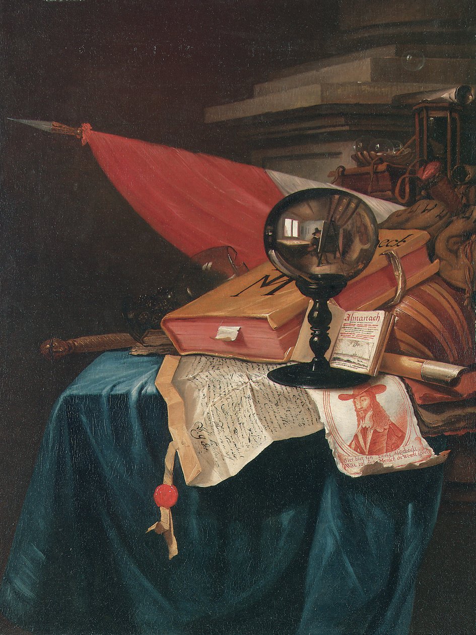 Vanitas bodegón con el artista en su caballete reflejado en una bola de cristal de Vincent Laurensz van der Vinne