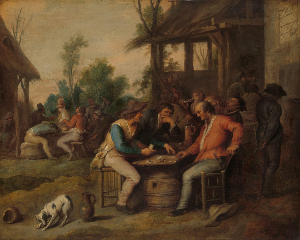 Dos hombres jugando a las cartas en la puerta de una posada de Vincent Malò (II) (attributed to)