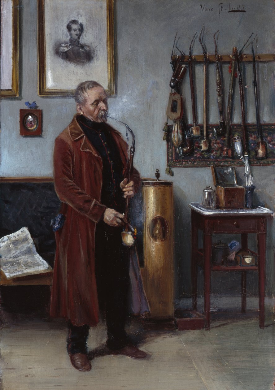 Hombre con pipa de merskum en un interior (óleo sobre lienzo) de Vincent Stoltenberg Lerche