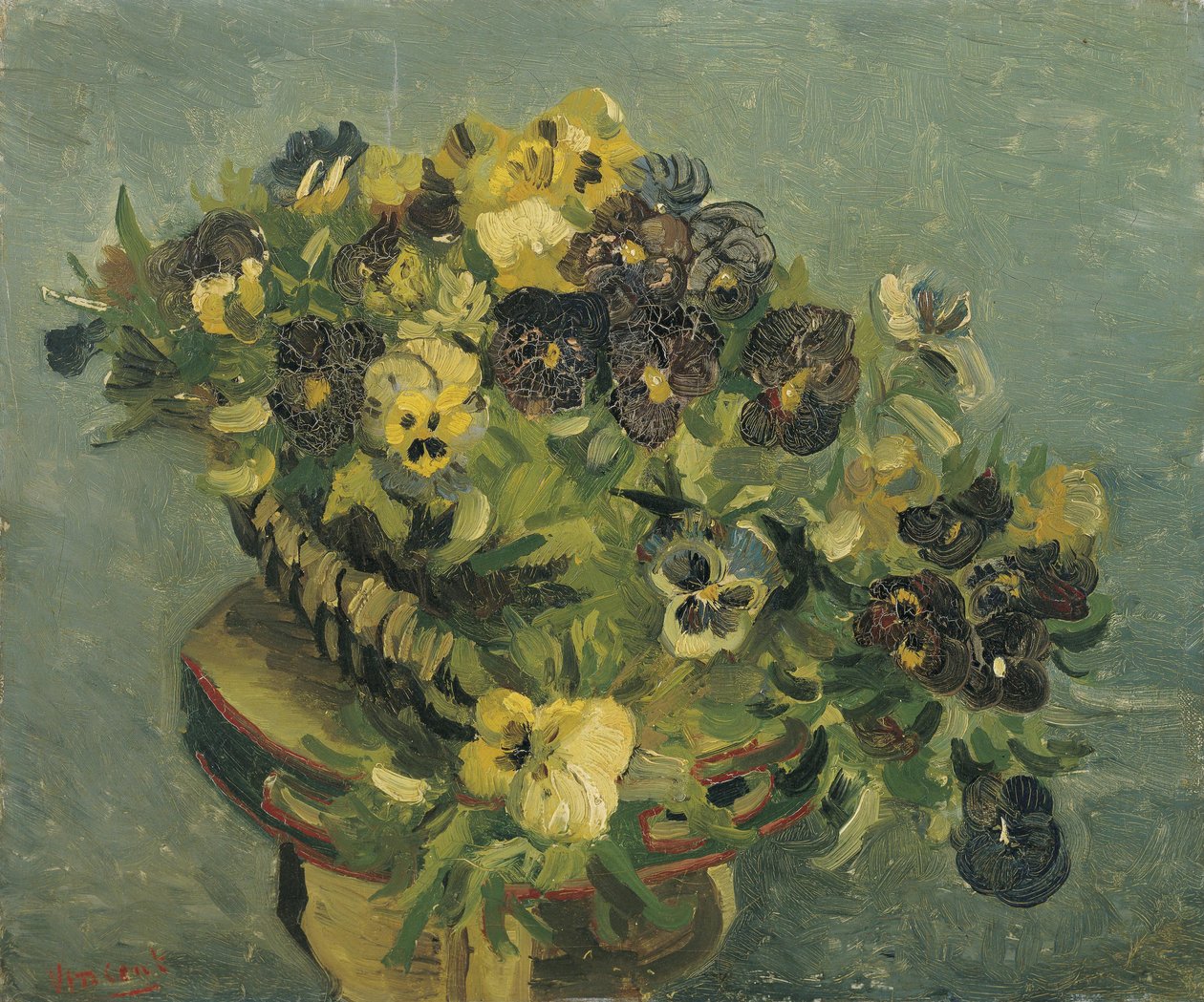 Cesta con pensamientos sobre una mesita de Vincent van Gogh