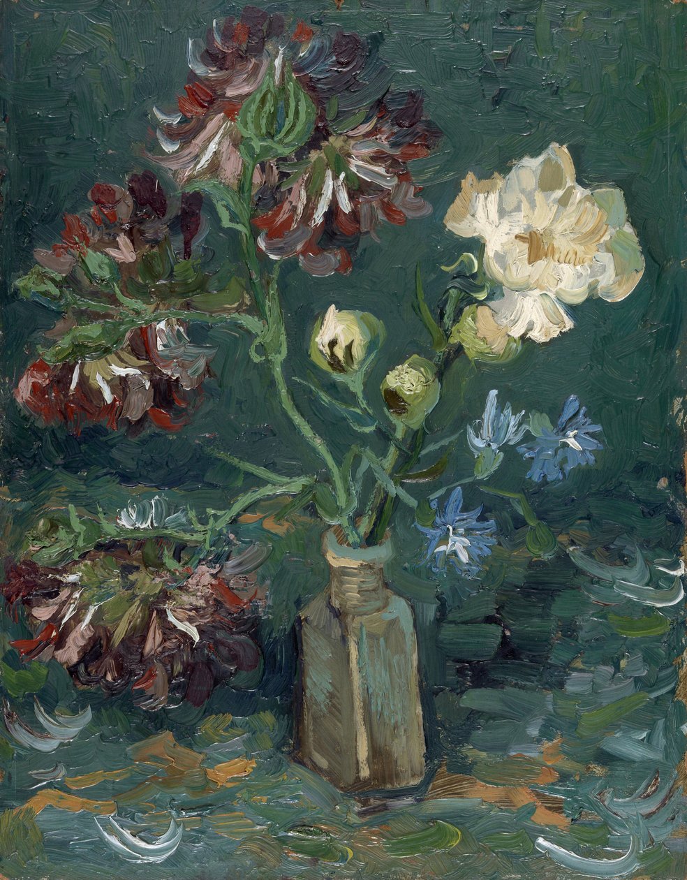 Botella con peonías y delphiniums azules de Vincent van Gogh