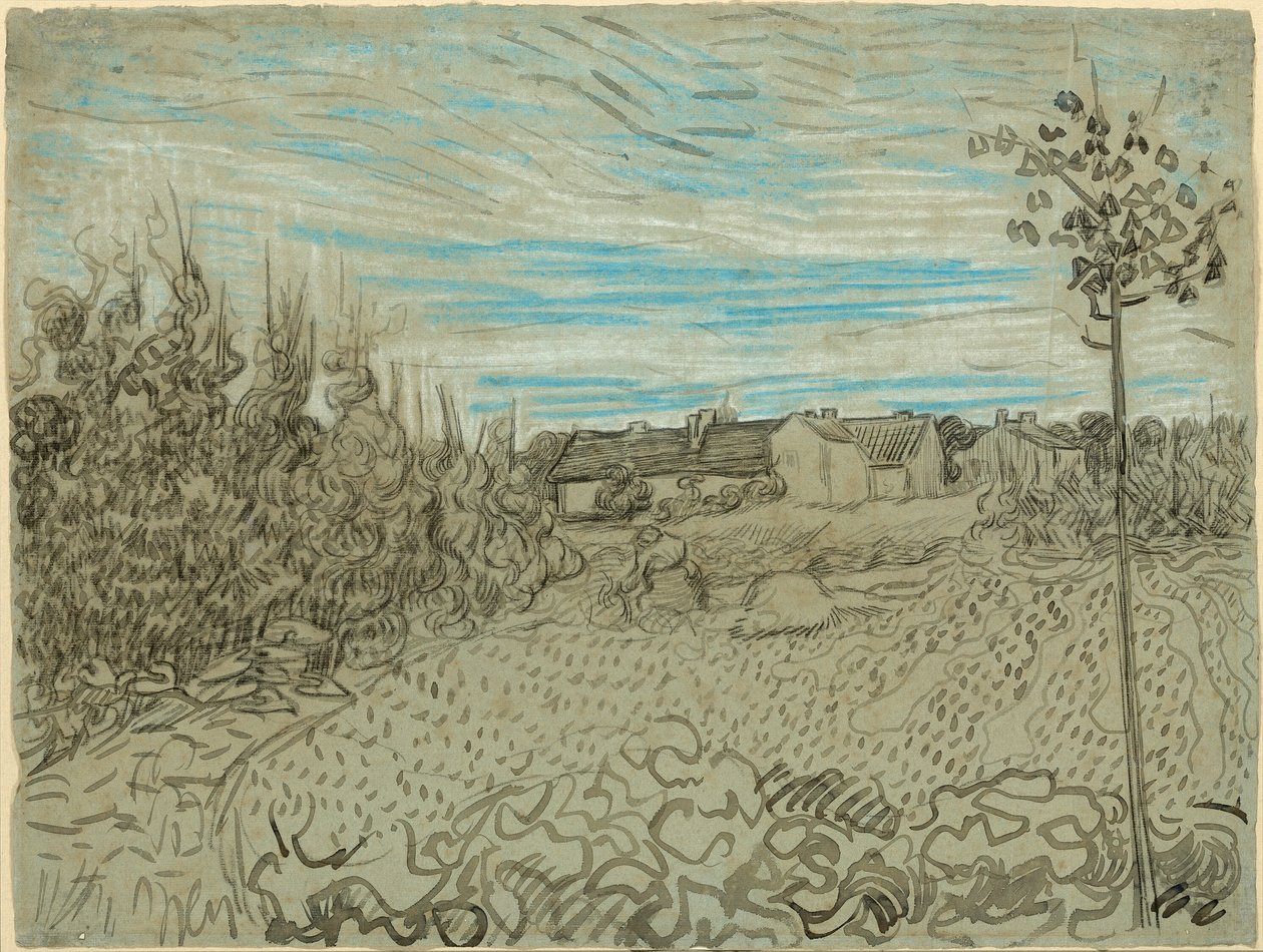 Casas rurales con una mujer trabajando en medio de Vincent van Gogh