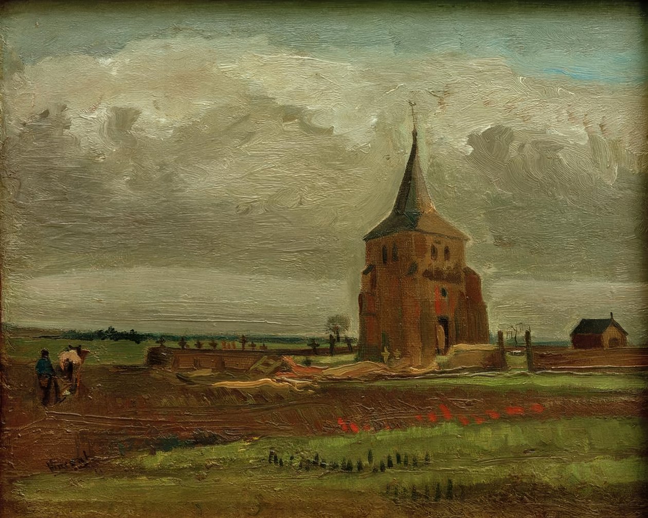 La vieja torre del cementerio en Nuenen con campesino arando de Vincent van Gogh