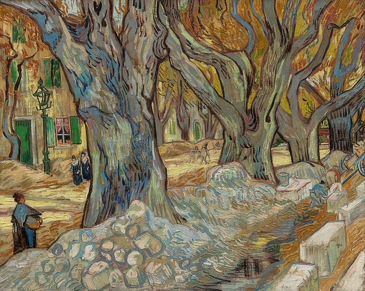 Los grandes plátanos (Trabajadores de la calle en Saint-Rémy) de Vincent van Gogh