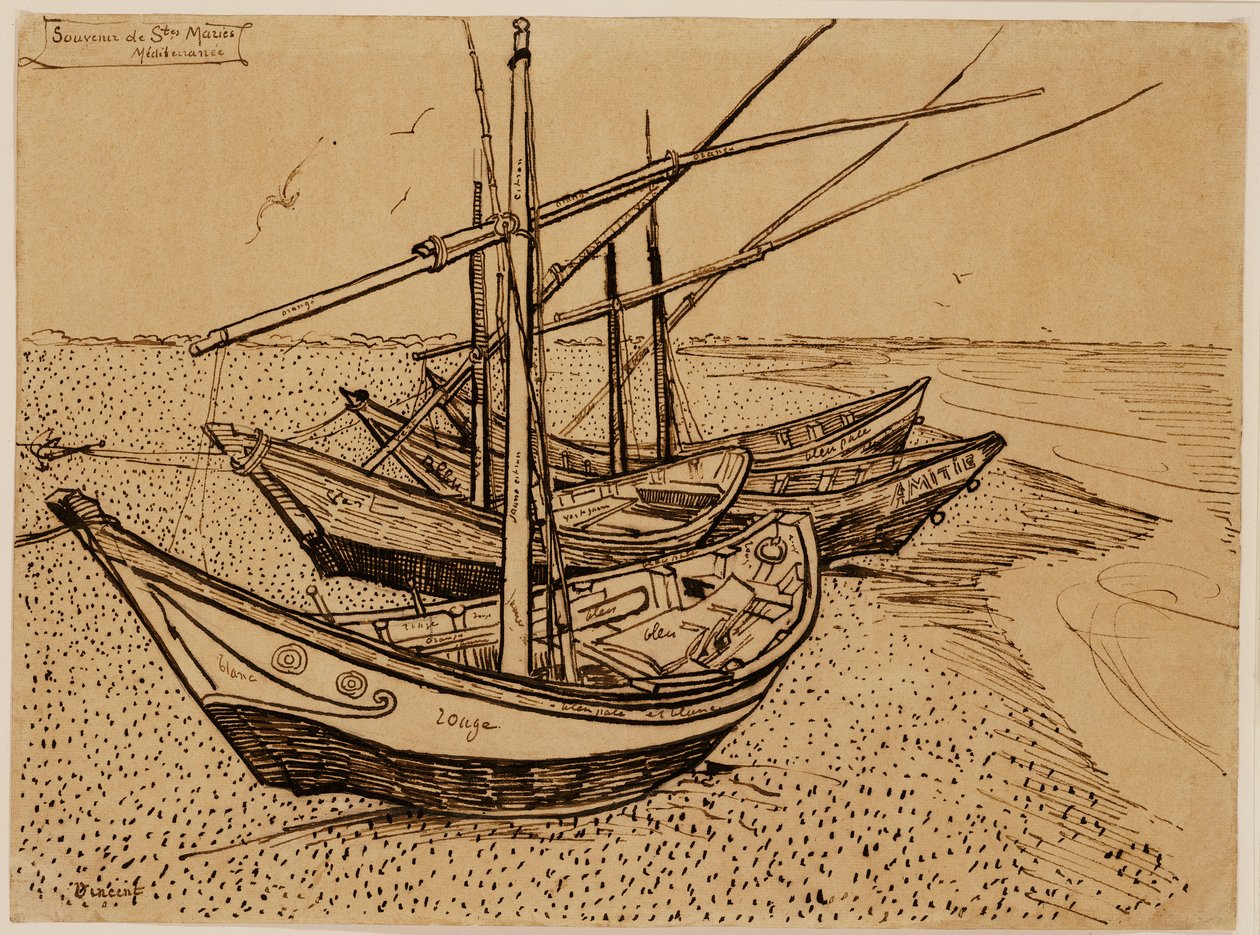 Barcos de Pesca en la Playa de Saintes-Maries-de-la-Mer de Vincent van Gogh