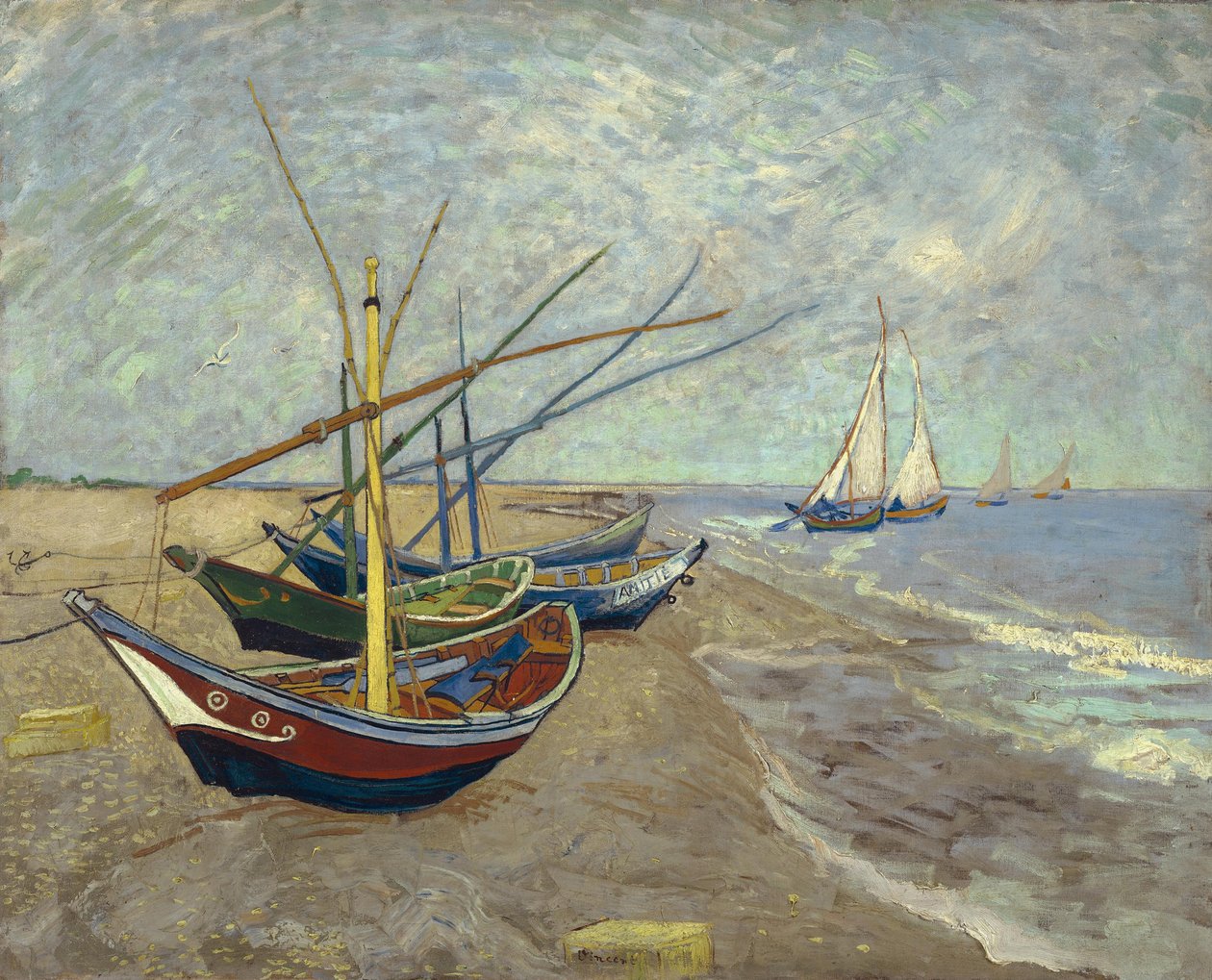 Barcos de pesca en la playa de Saintes-Maries-de-la-Mer de Vincent van Gogh