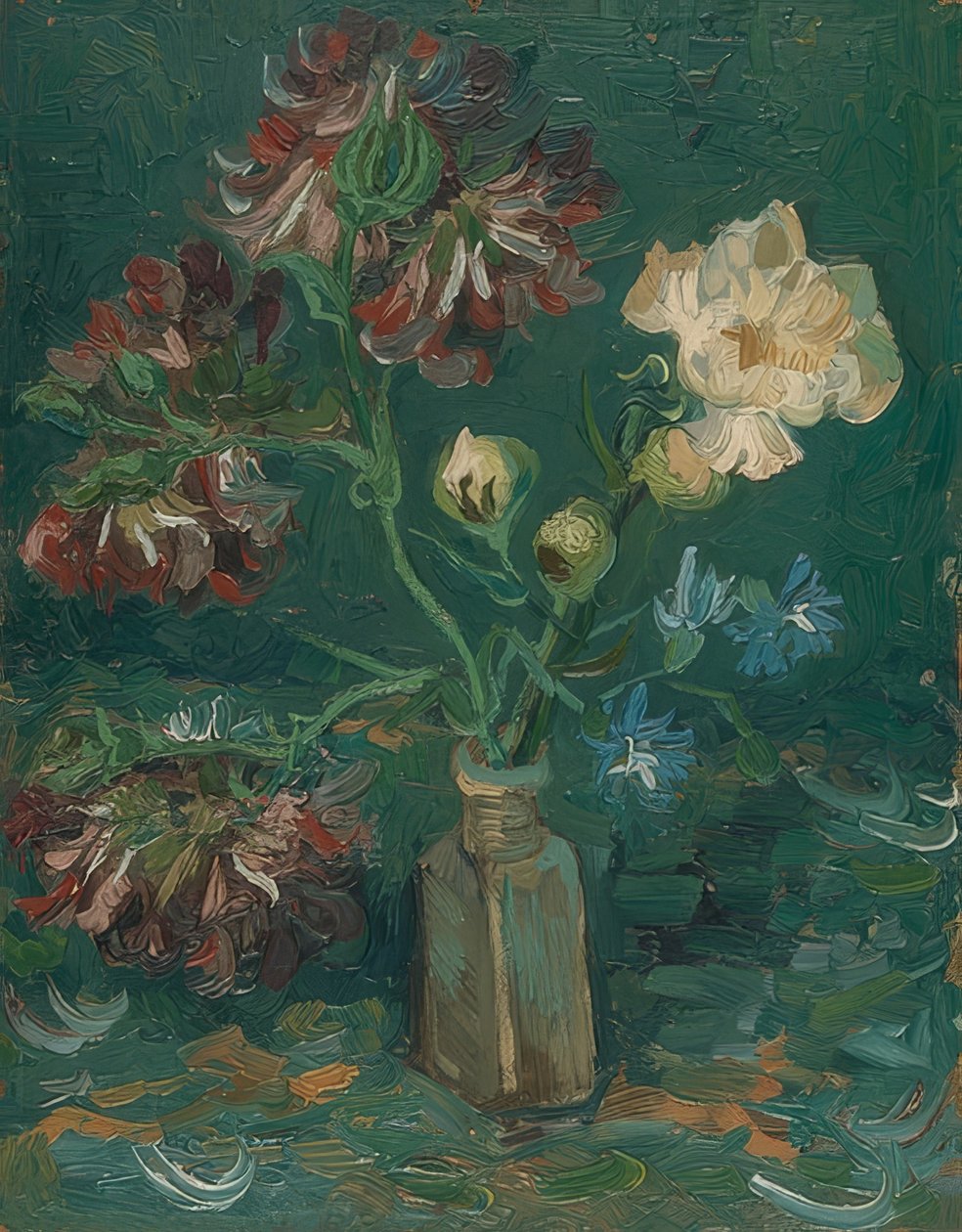 Botella con peonías y espuelas de caballero. 1886 de Vincent van Gogh
