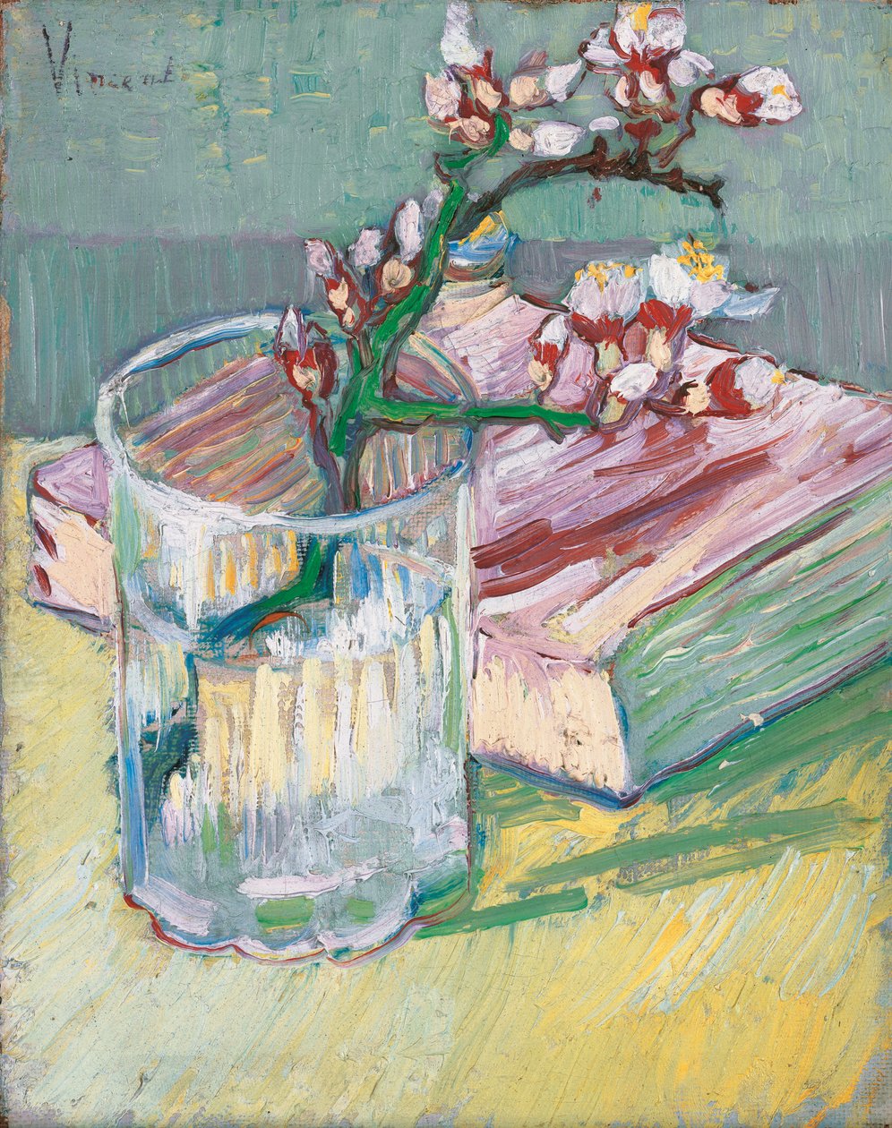 Rama de almendro en flor en un vaso con un libro, 1888 de Vincent van Gogh