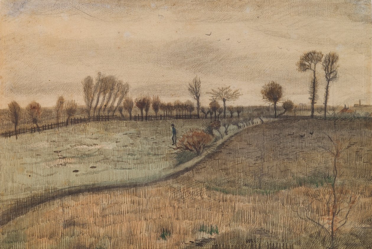 Paisaje con sauces trasmochos (verso: figura en un paisaje) de Vincent van Gogh