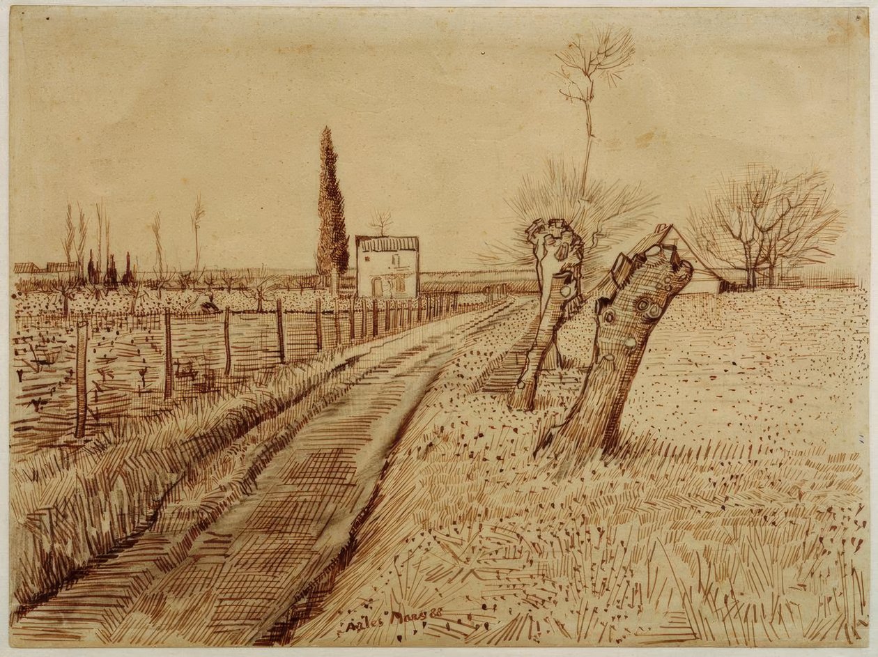 Paisaje con camino y sauces de Vincent van Gogh
