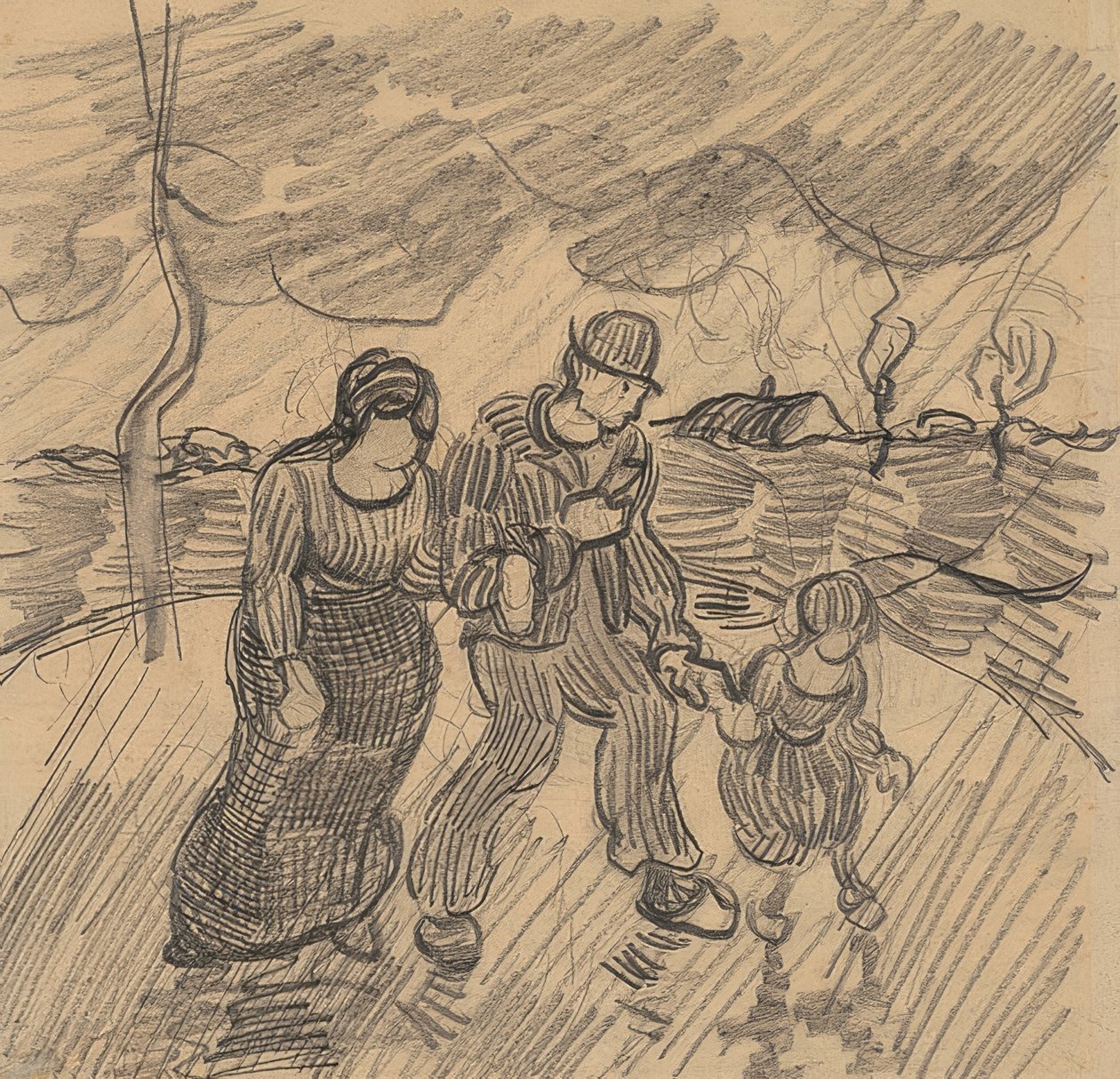 Pareja con niño en una calle bajo la lluvia. 1890 de Vincent van Gogh