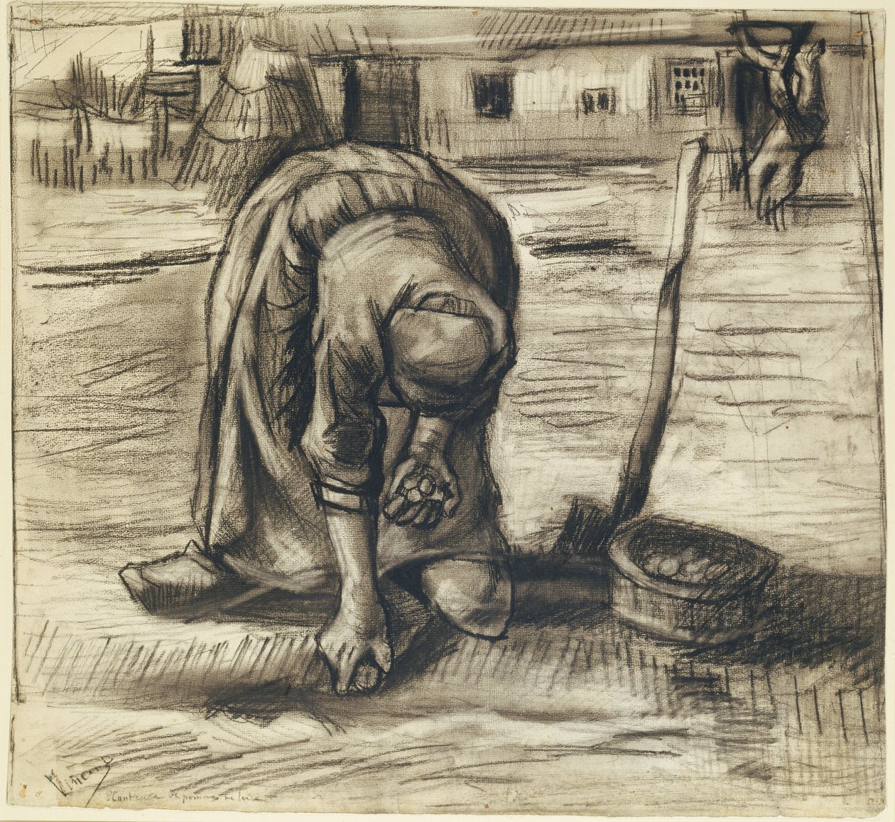 Campesina plantando patatas, c.1885 (tiza negra y carboncillo sobre papel) de Vincent van Gogh
