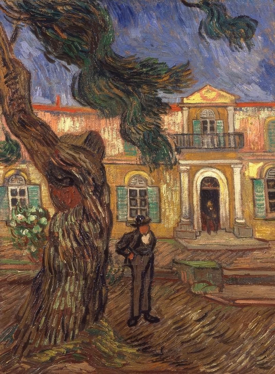 Pino y figura frente al hospital Saint-Paul de Vincent van Gogh
