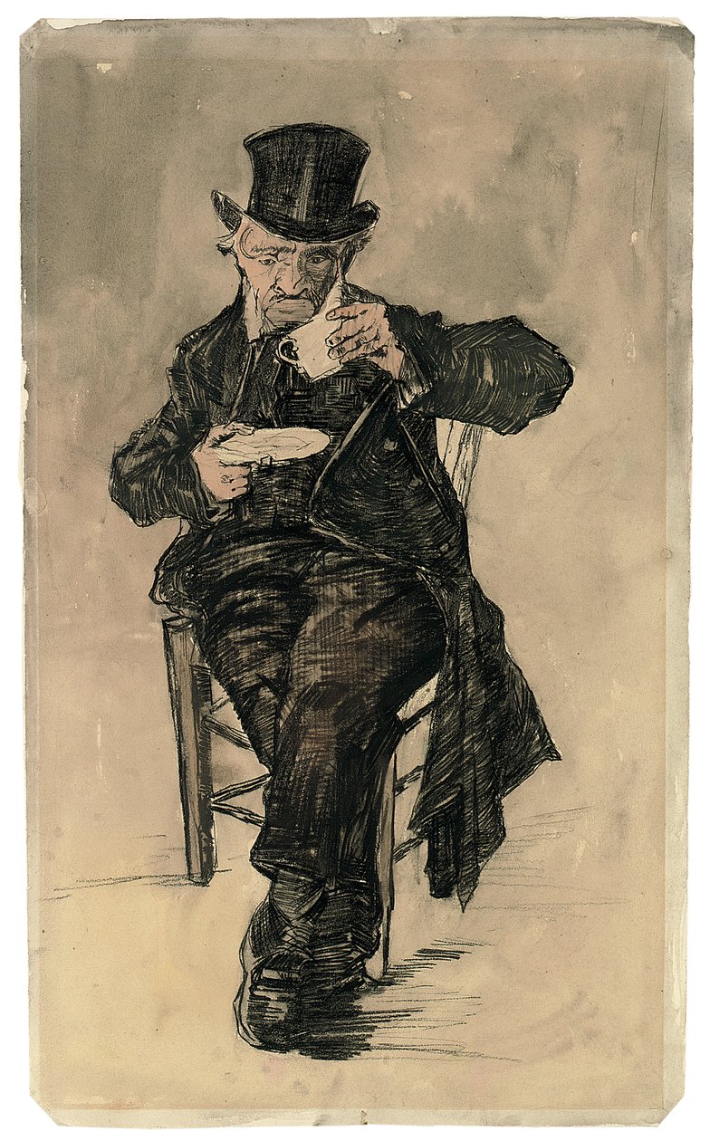 Habitante del asilo con sombrero de copa bebiendo una taza de café, 1882 de Vincent van Gogh