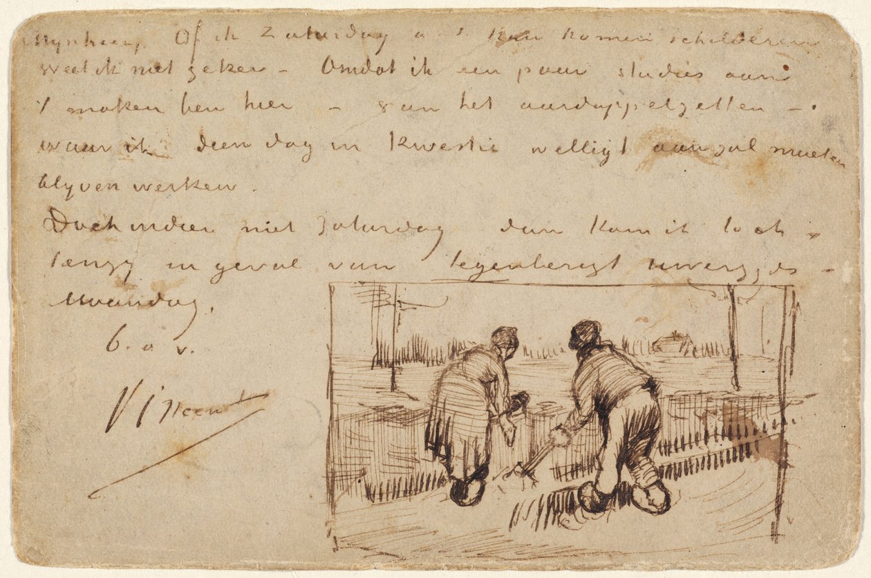 Postal con dos campesinos cavando de Vincent van Gogh