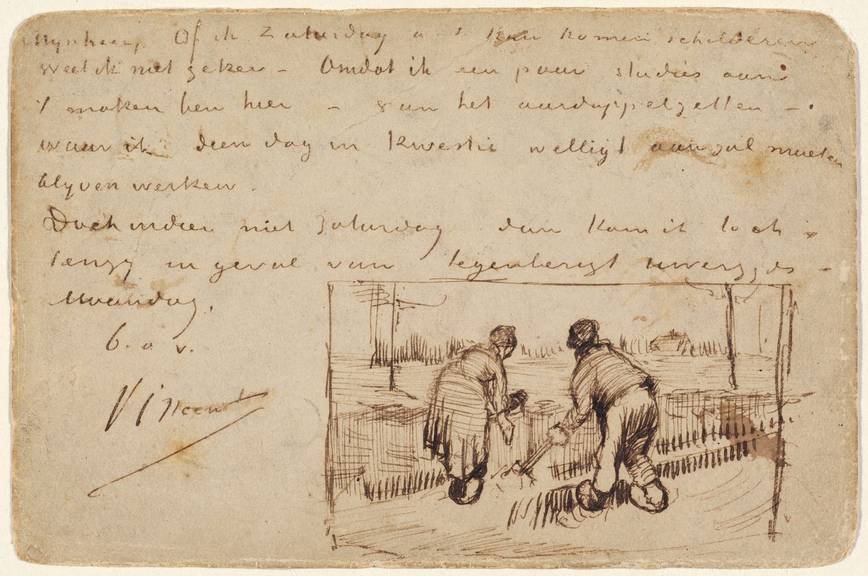 Postal con dos campesinos cavando de Vincent van Gogh